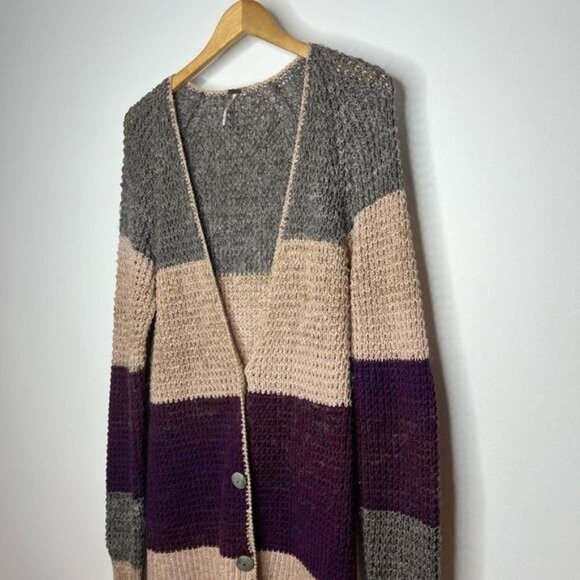 Free People Women’s Medium Deep V Colorblock Cardigan Mohair Blend Chunky Knit - Picture 4 of 12